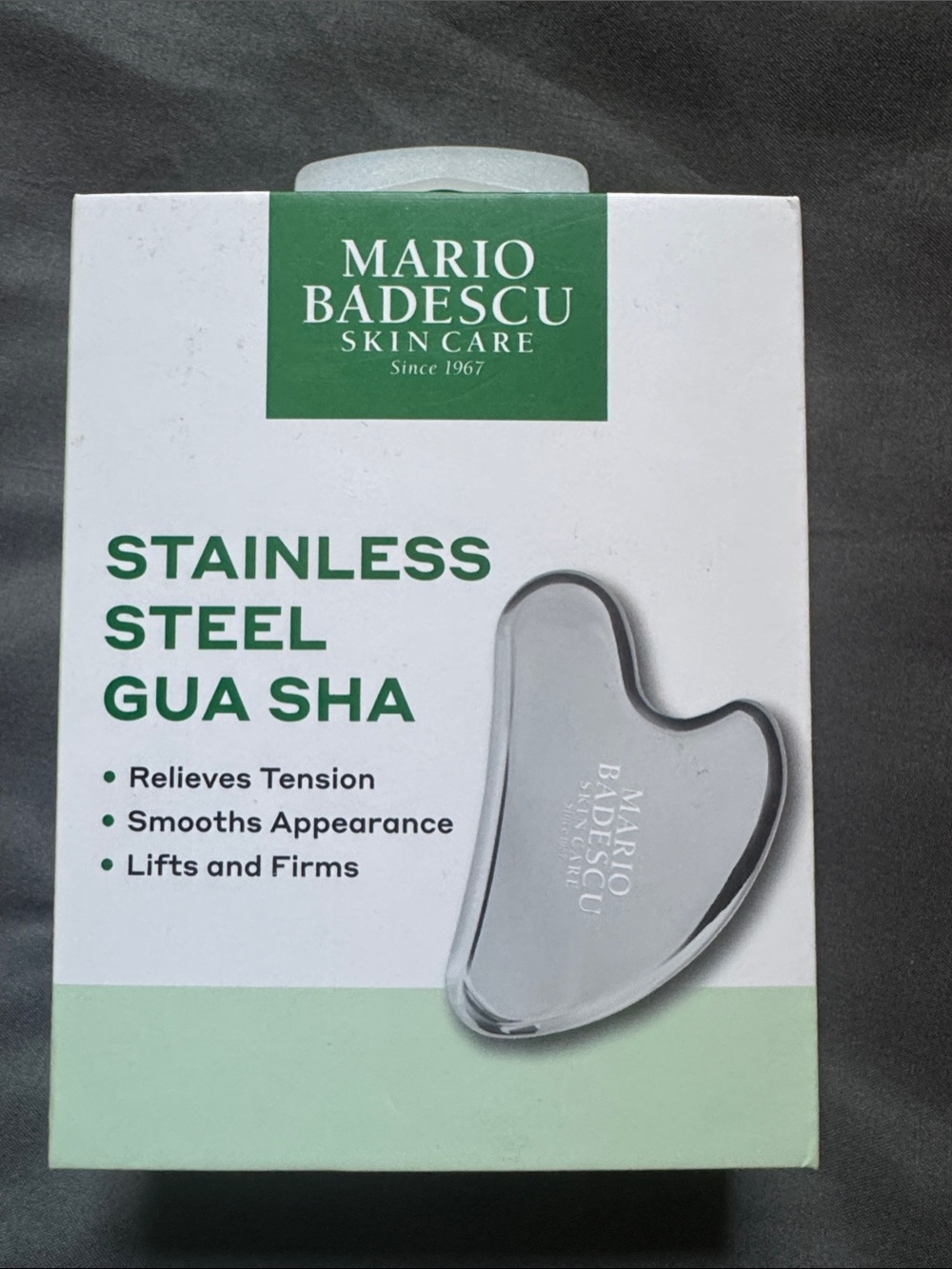 Mario Badescu Stainless Steel Gua Sha - Silver and Green Packaging